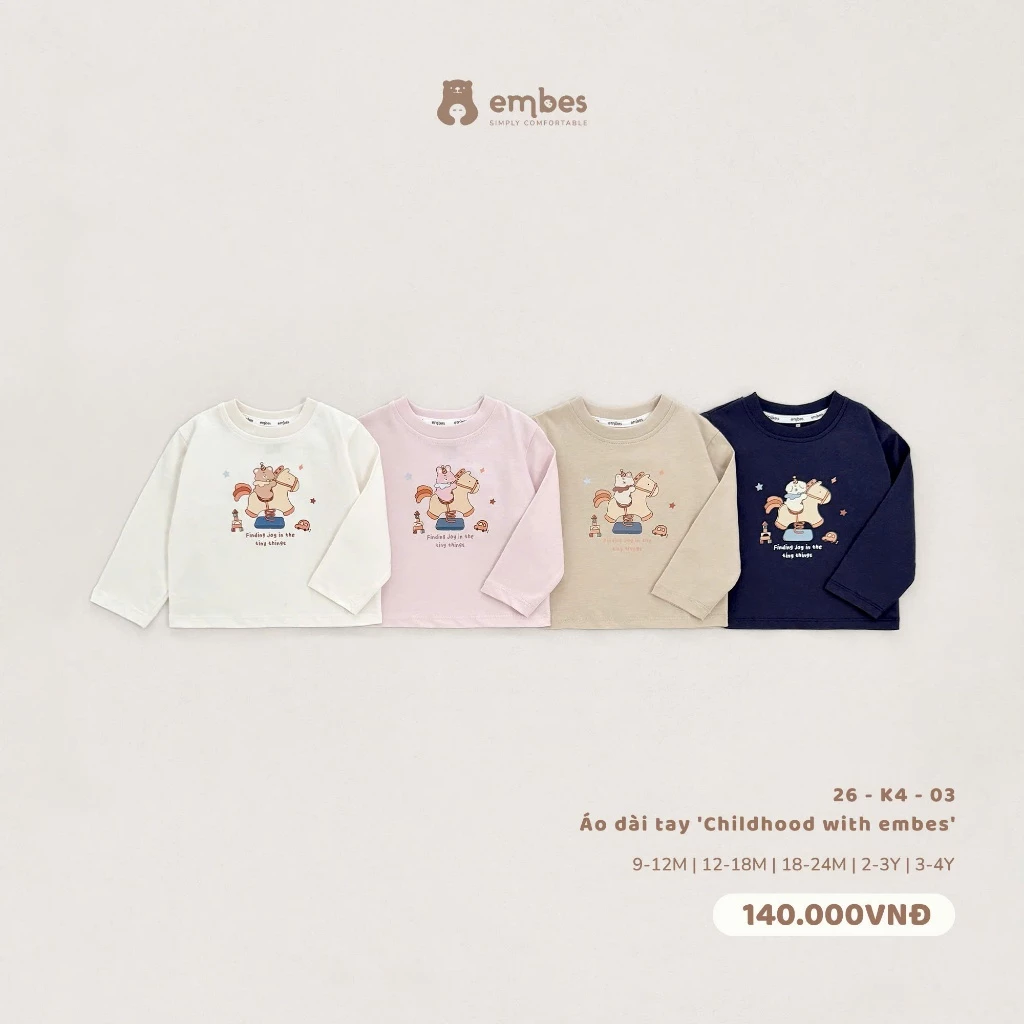 Áo Dài Tay Cho Bé Embes, Áo Thun Dài Tay Ngực In Họa Tiết Chất Cotton Cho Bé Trai Bé Gái Từ 8-18kg