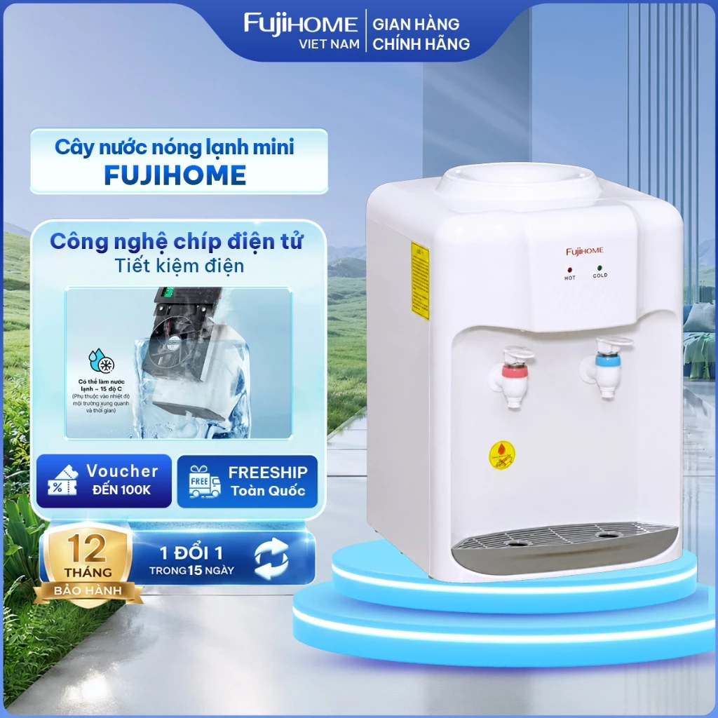 Cây nước nóng lạnh Nhập Khẩu FUJIHOME, bình lọc máy nước uống mini để bàn 2 vòi tự ngắt an toàn tiết kiệm điện