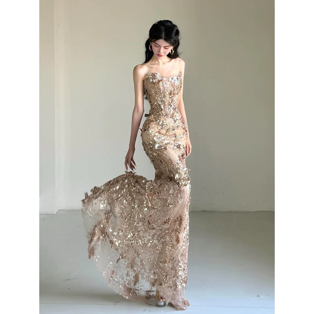 Đầm Dạ Hội Đuôi Cá Kim Sa Cao Cấp Cúp Ngực Ôm Body Màu Champagne Lấp Lánh Sang Trọng Dự Tiệc Cưới MC Chụp Ảnh