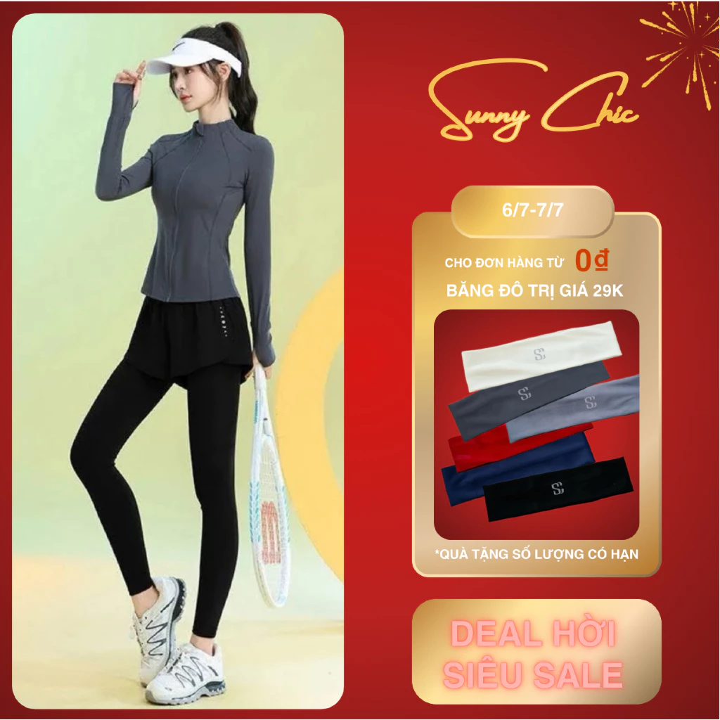 [SCCOTAU]Bộ tập thể thao dài SUNNY CHIC, đồ tập gym, pickleball, yoga áo khoác khóa kéo lưng và quần 2 lớp
