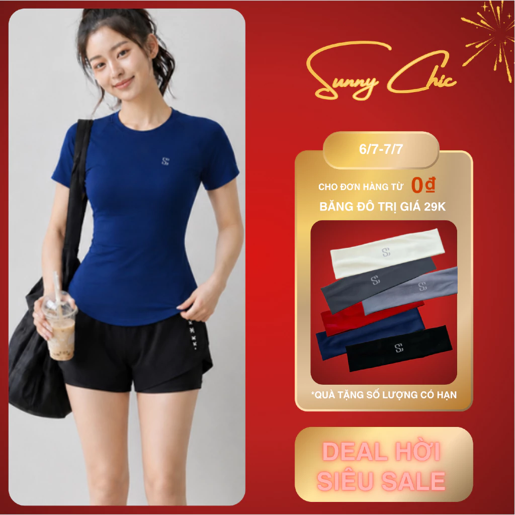 [08]Áo Thun Thể Thao Nữ SunnyChic Form Fit Che Bụng,Cổ Tròn Vạt Bầu Hack Dáng, Co Giãn Thoáng Mát, Tập Gym