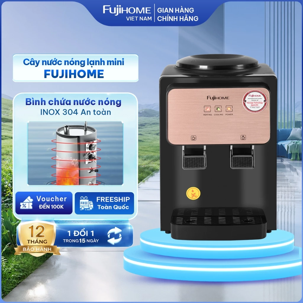 Cây nước nóng lạnh mini Fujihome nhập khẩu để bàn, bình lọc máy nước uống nóng lạnh 2 vòi gia đình tiết kiệm điện