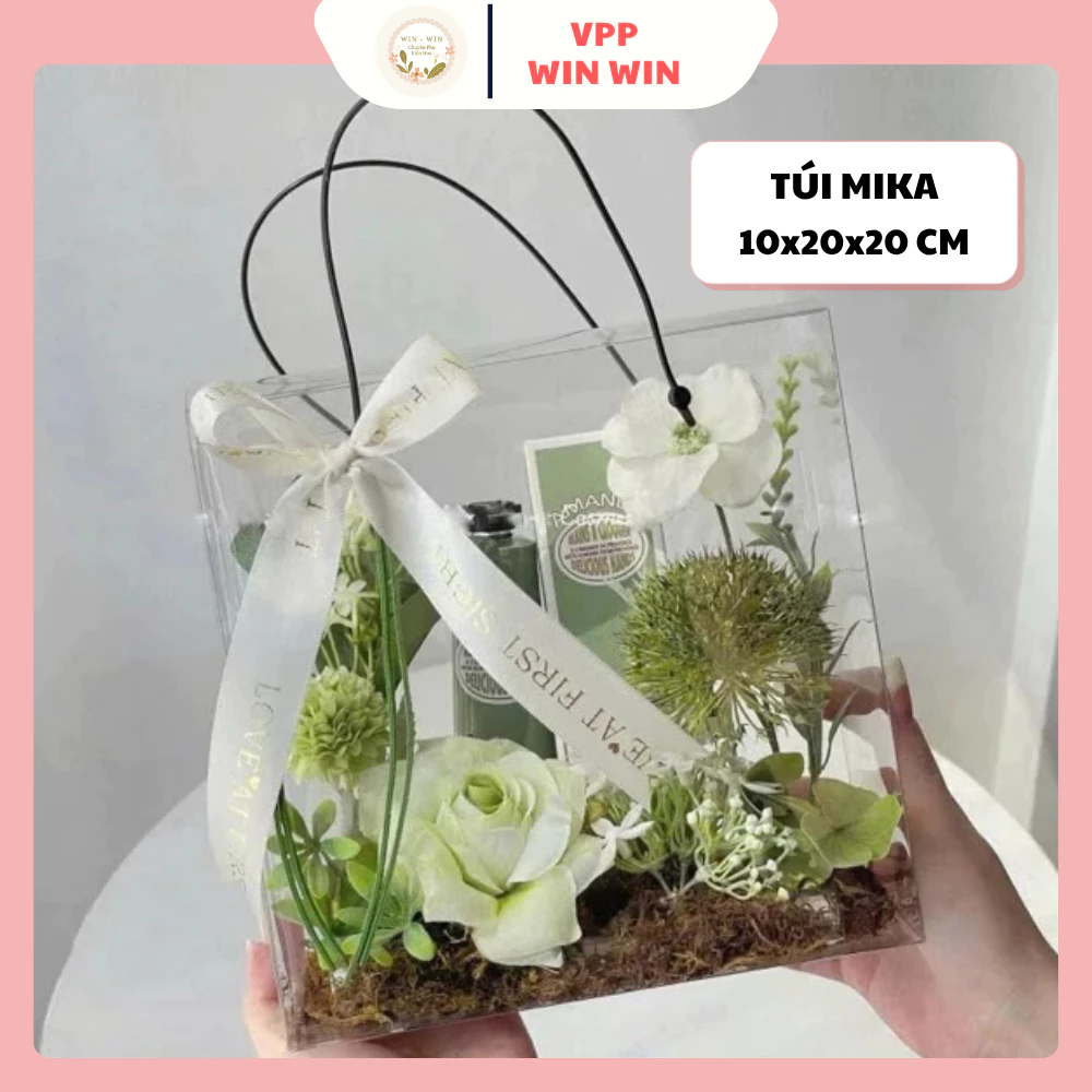Túi Mika 10x20x20cm Trong Quai Đen, Túi Hộp Trong Suốt Đựng Hoa, Đựng Quà Decor