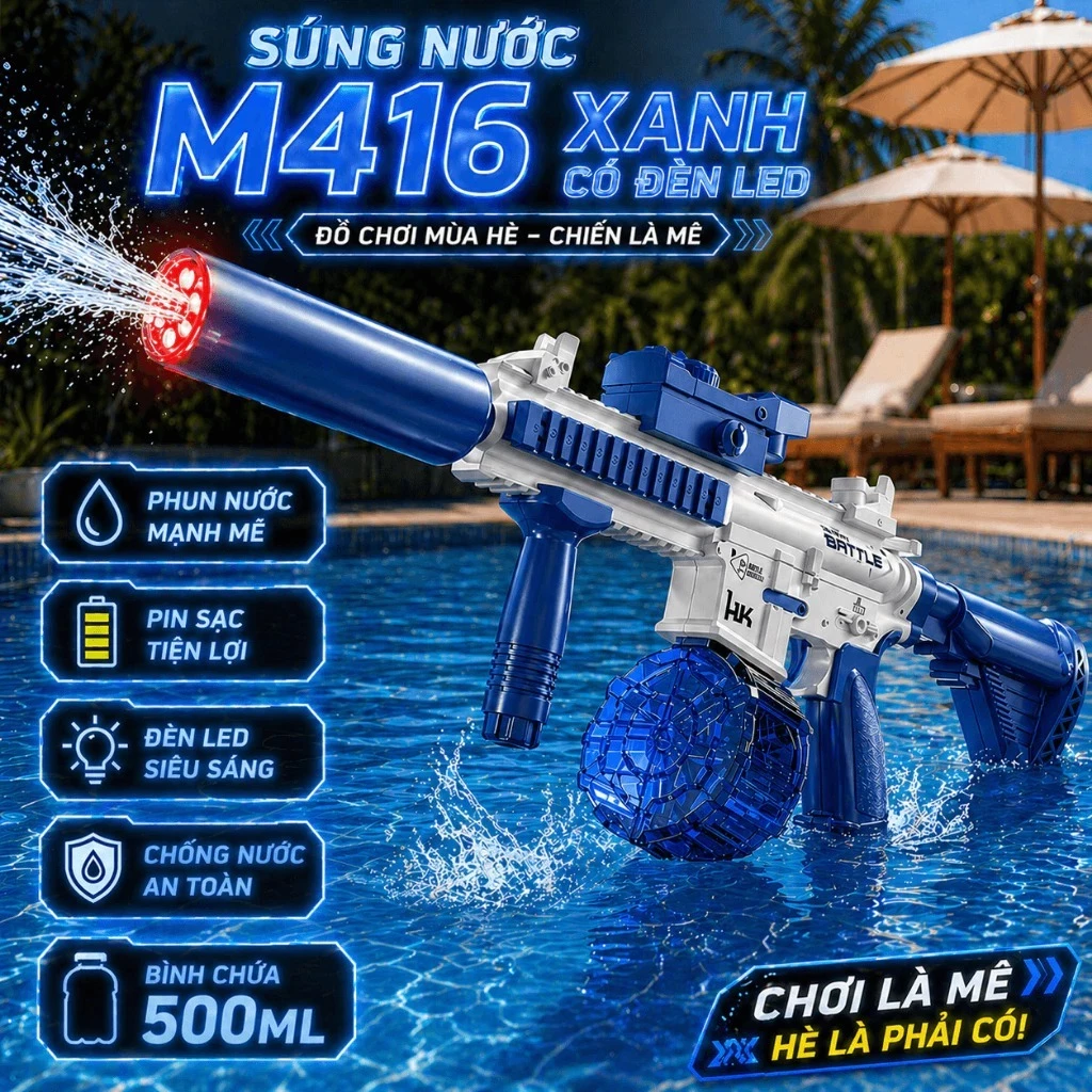 Súng Nước M416 Pin Sạc 2025 Có Đèn LED Bắn Tự Động Phun Mạnh Đồ Chơi Mùa Hè Cho Bé