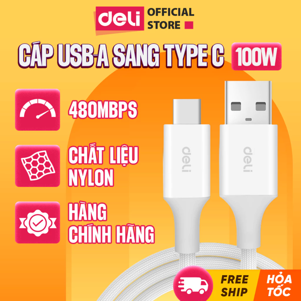 Dây Sạc Nhanh 100W DELI, Cáp Sạc Chính Hãng Type C Cho Điện Thoại Bọc Dù Chống Rối Sạc Nhanh