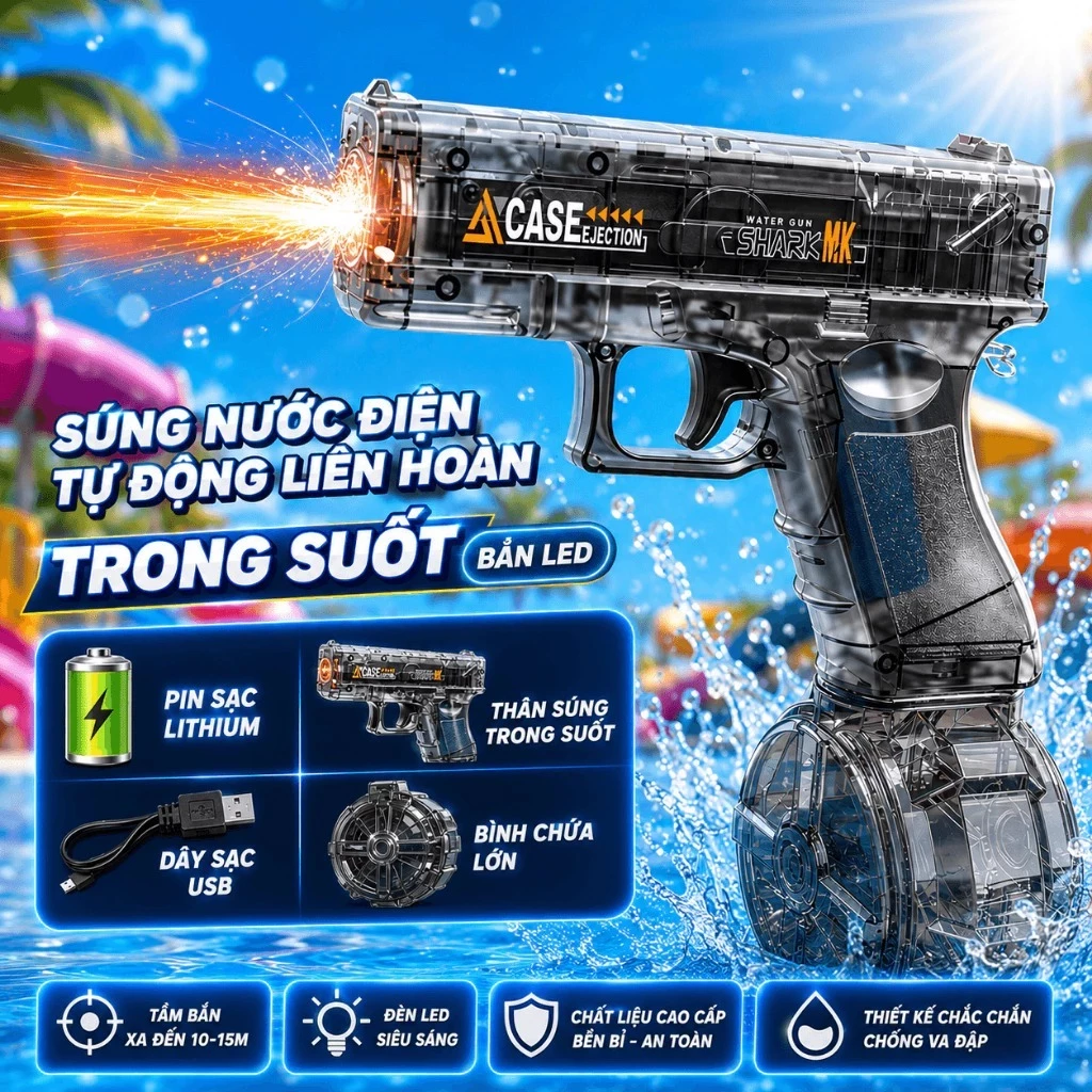 Đồ Chơi Súng Nước Super Pin Sạc Có Đèn Bắn Tự Động Phun Mạnh Quà Tặng Mùa Hè Cho Bé