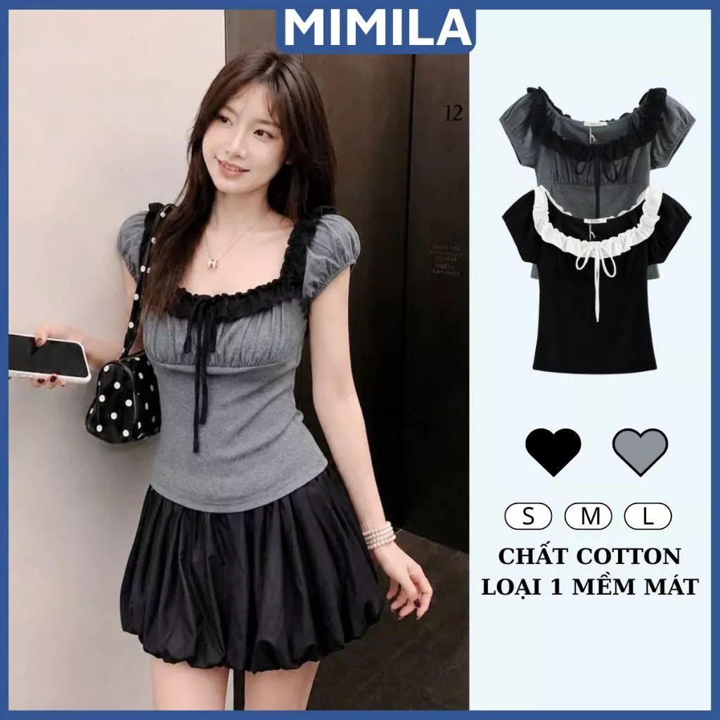 [CÓ SIZE] Áo Thun Nữ Cổ Vuông Nhún Bèo Nơ Ngực MIMILA Vải Cotton Mịn Mát Co Giãn Ôm Dáng Tay Bèo Hàn Quốc - MA373