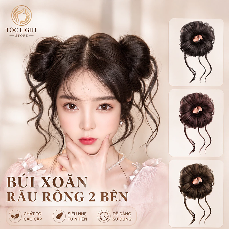 Tóc giả búi kẹp ngoặm xoăn lơi búi cột xoăn chích choè 2 bên cho nữ
