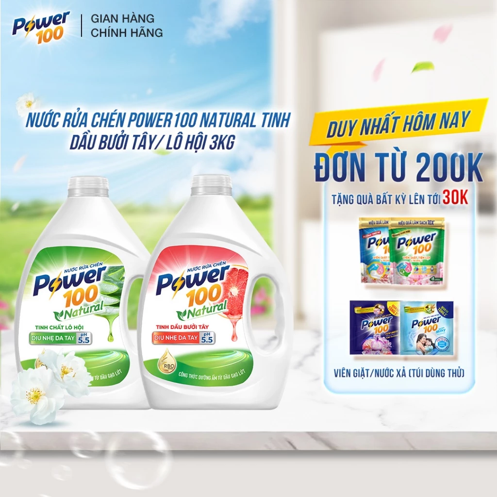 Nước rửa chén POWER100 Natural Tinh Dầu bưởi Tây 3.0 kg
