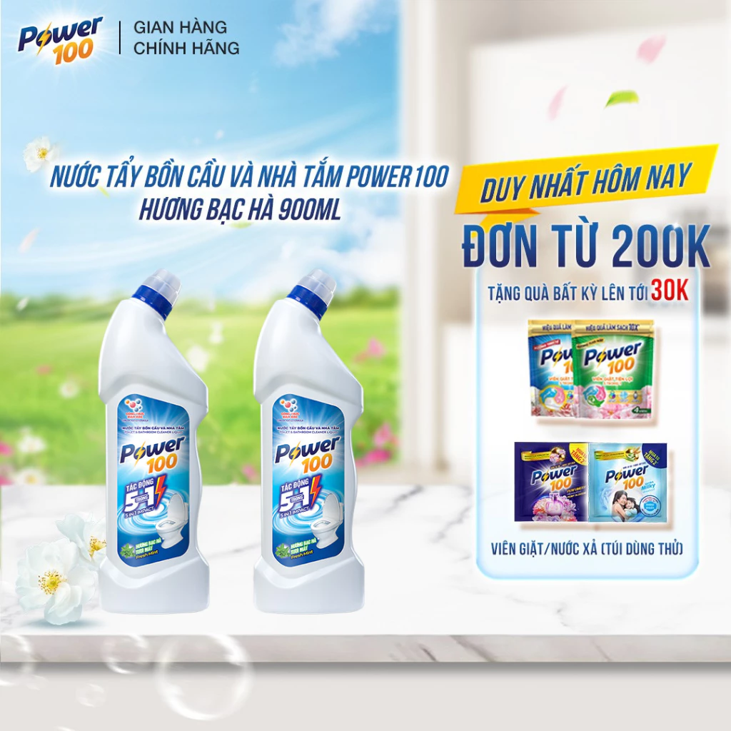COMBO 2 Nước tẩy bồn cầu và nhà tắm POWER100 Hương Bạc Hà 900ml/chai