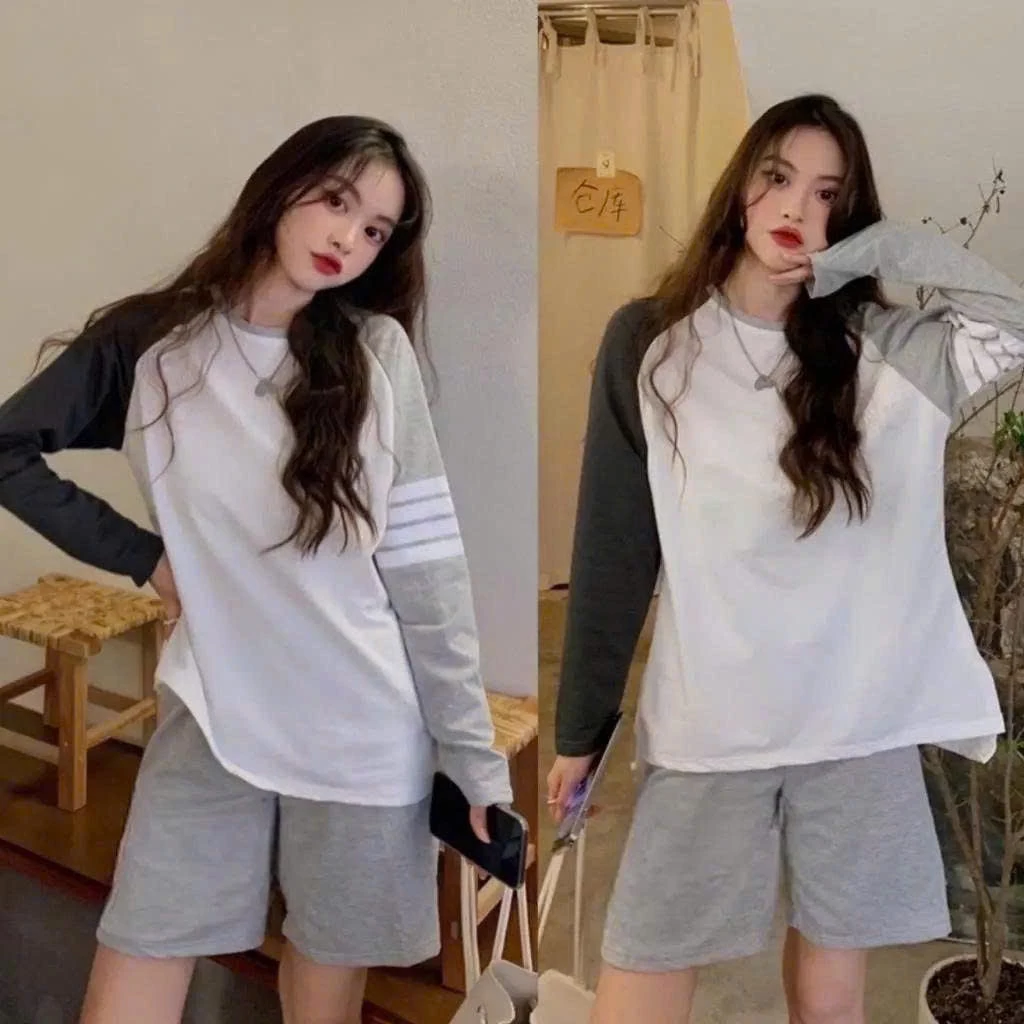 (hàng mới) Áo Thun Nữ Dài Tay Raglan 4 Sọc Viền Tay Form Rộng Oversize Màu Trắng Đen Xám Phối Đồ Cực Chất