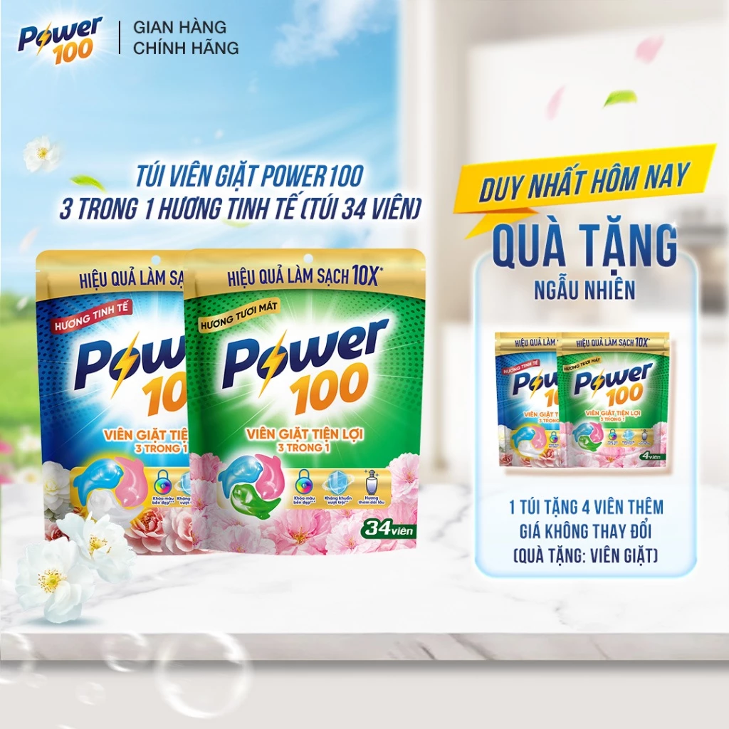 Viên giặt tiện lợi POWER100 3 trong 1 15G*34