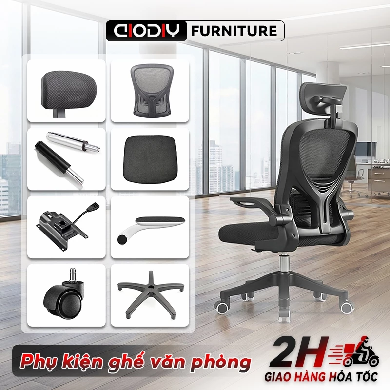 Phụ Kiện Ghế Văn Phòng AIODIY - Bánh Xe, Chân Ghế, Tay Vịn, Ty Khí Nén Đầy Đủ - Lắp ráp đơn giản