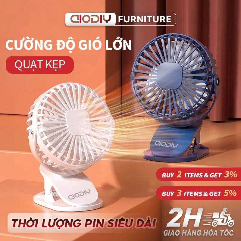 AIODIY quạt sạc tích điện kẹp xoay 360 độ Quạt mini Quạt mini để bàn siêu bền 3 chế độ gió