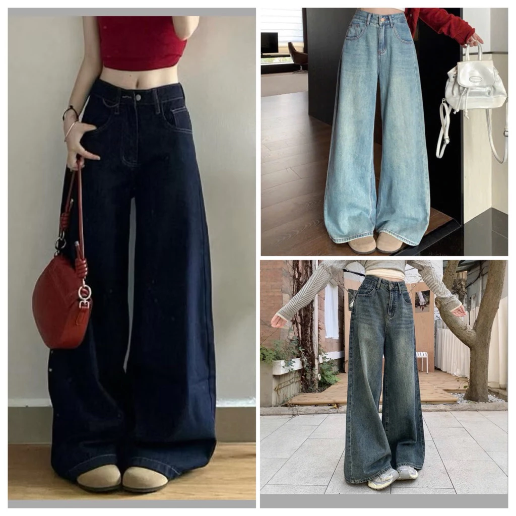(Có dáng nấm) Quần jeans ống rộng trơn nhiều màu lưng cao form dáng đẹp