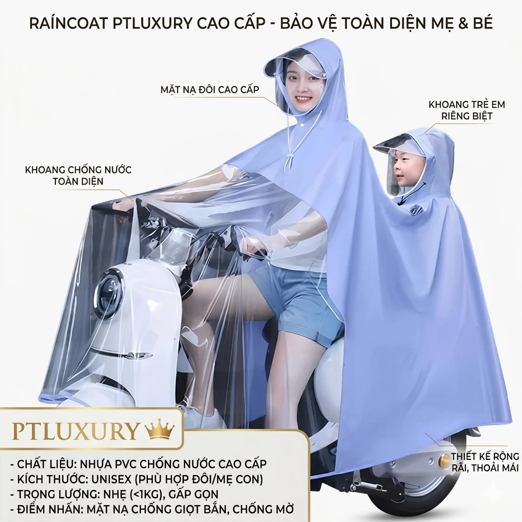 Áo mưa đi xe máy PTLUXURY che phủ toàn thân vành đôi chắn nước dễ dàng sử dụng điện thoại [ HÀNG NHẬP KHẨU ]