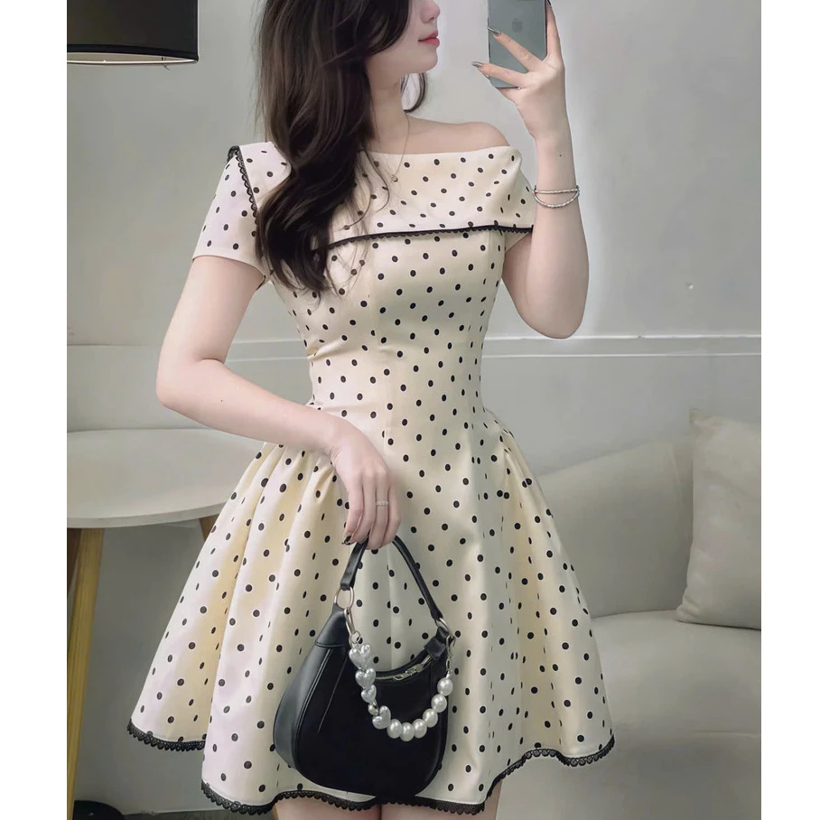 (MỚI) Đầm Nữ Ngắn SIÊU XINH Thiết Kế Trễ Vai Chấm BI Phối Viền Ren THỜI TRANG CỰC ĐẸP K&B FASHION