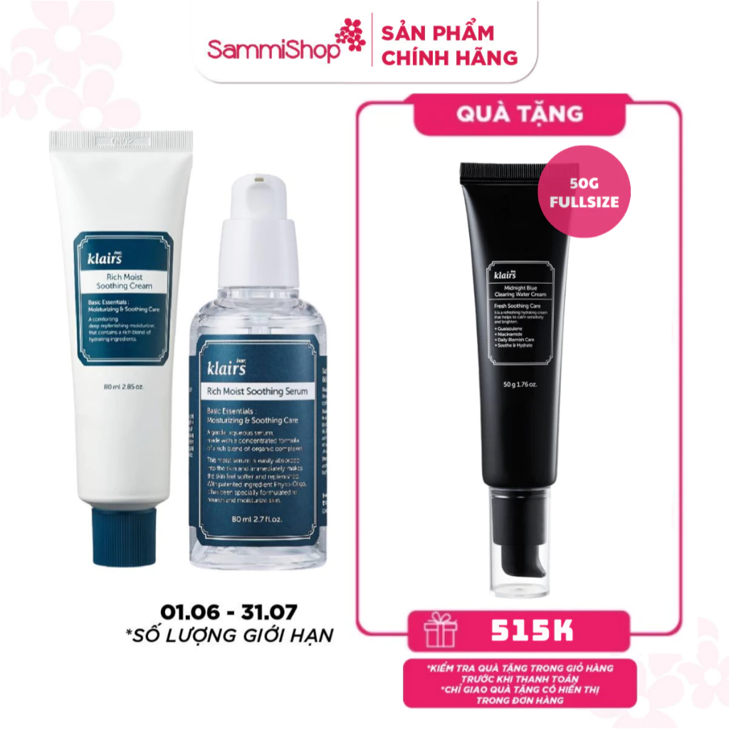 [MUA COMBO TẶNG FULLSIZE] Combo Klairs Kem dưỡng Rich Moist 80g và Klairs tinh chất Rich Moist Soothing Serum 80ml