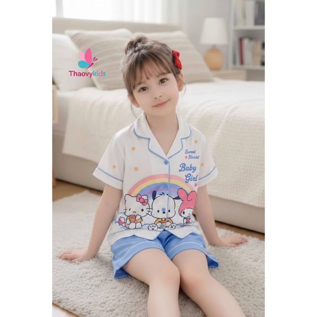 Đồ bộ pijama bé gái vải Latin tay ngắn quần đùi – pijama Hello Kitty mocomochi dễ thương cho bé 10–65kg