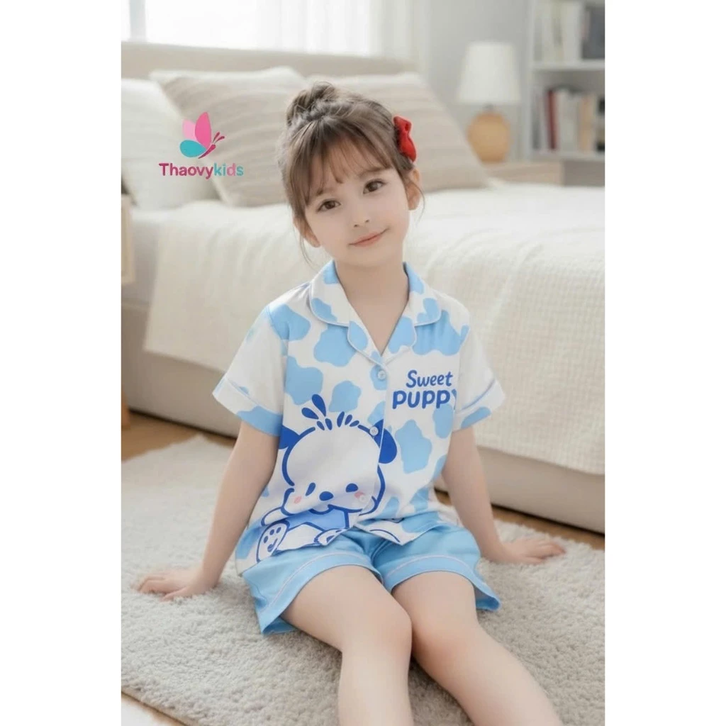Bộ pijama cộc tay bé gái, bộ ngủ dành cho bé hình cún Puppy đủ size 10-50Kg chất liệu lụa cao cấp, mềm mịn