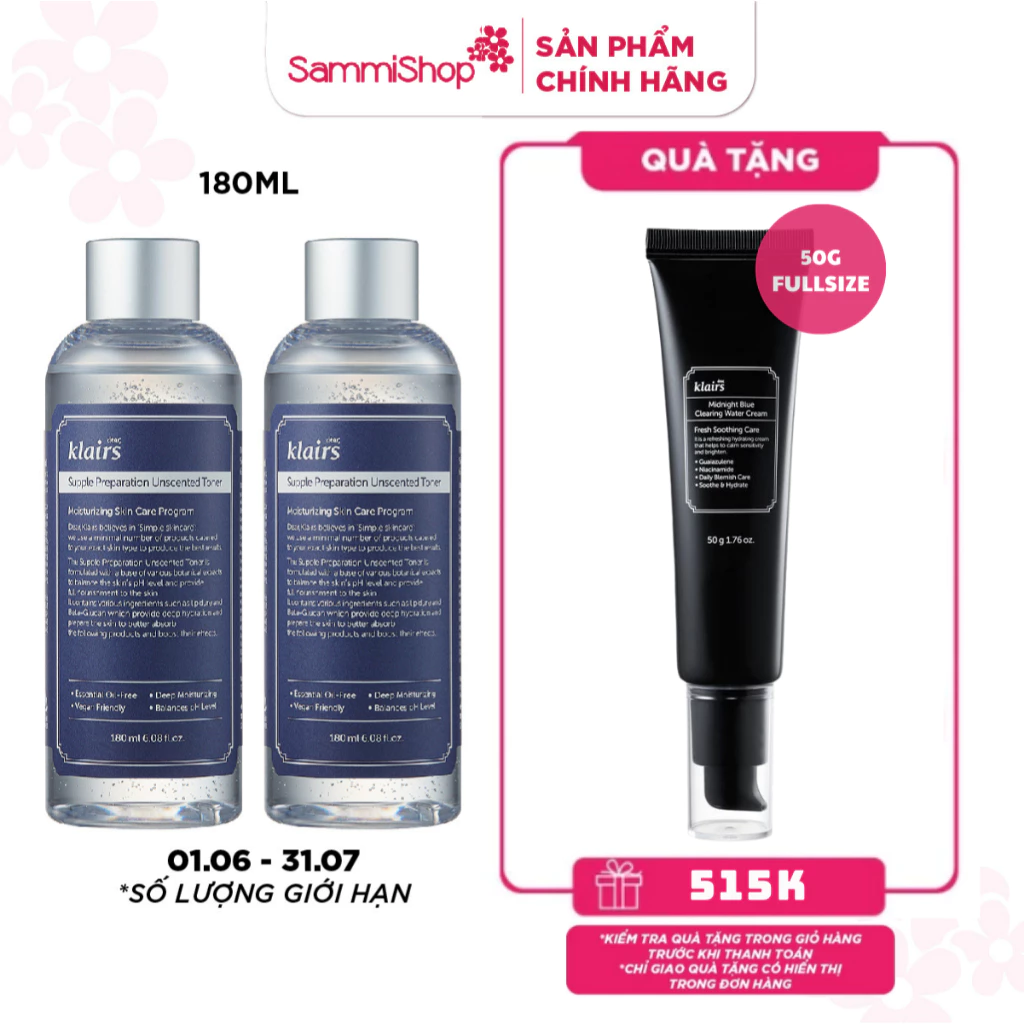 [MUA COMBO TẶNG FULL SIZE] 02 Dear, Klairs nước hoa hồng Supple Preparation Unscented Toner 180mL