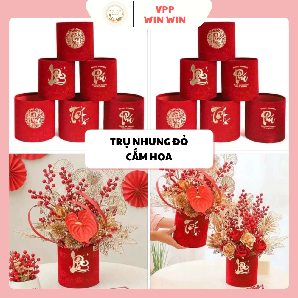 Trụ Nhung Đỏ, Hộp Cắm Hoa Làm Tháp Nước Trang Trí Tết - Hàng Cao Cấp