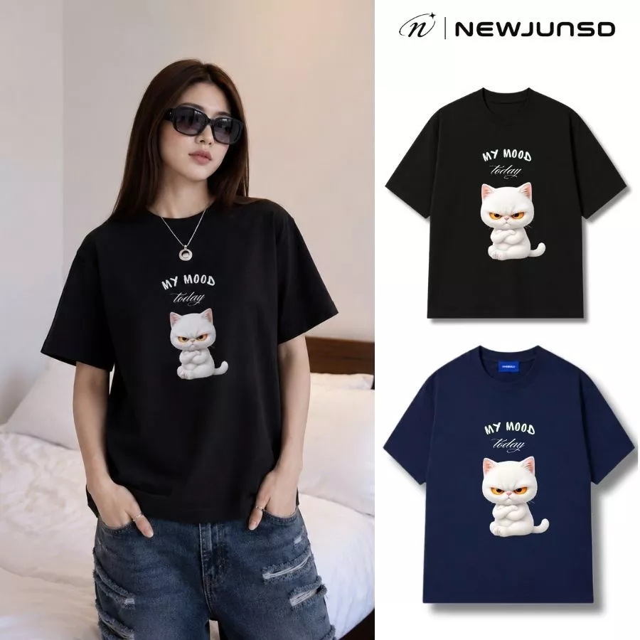 Áo Thun Mèo Newjunsd 100% Cotton Form Boxy Vải Dày Không Xù Lông Cổ Tròn Unisex Đầy Đủ Màu - NJ260609