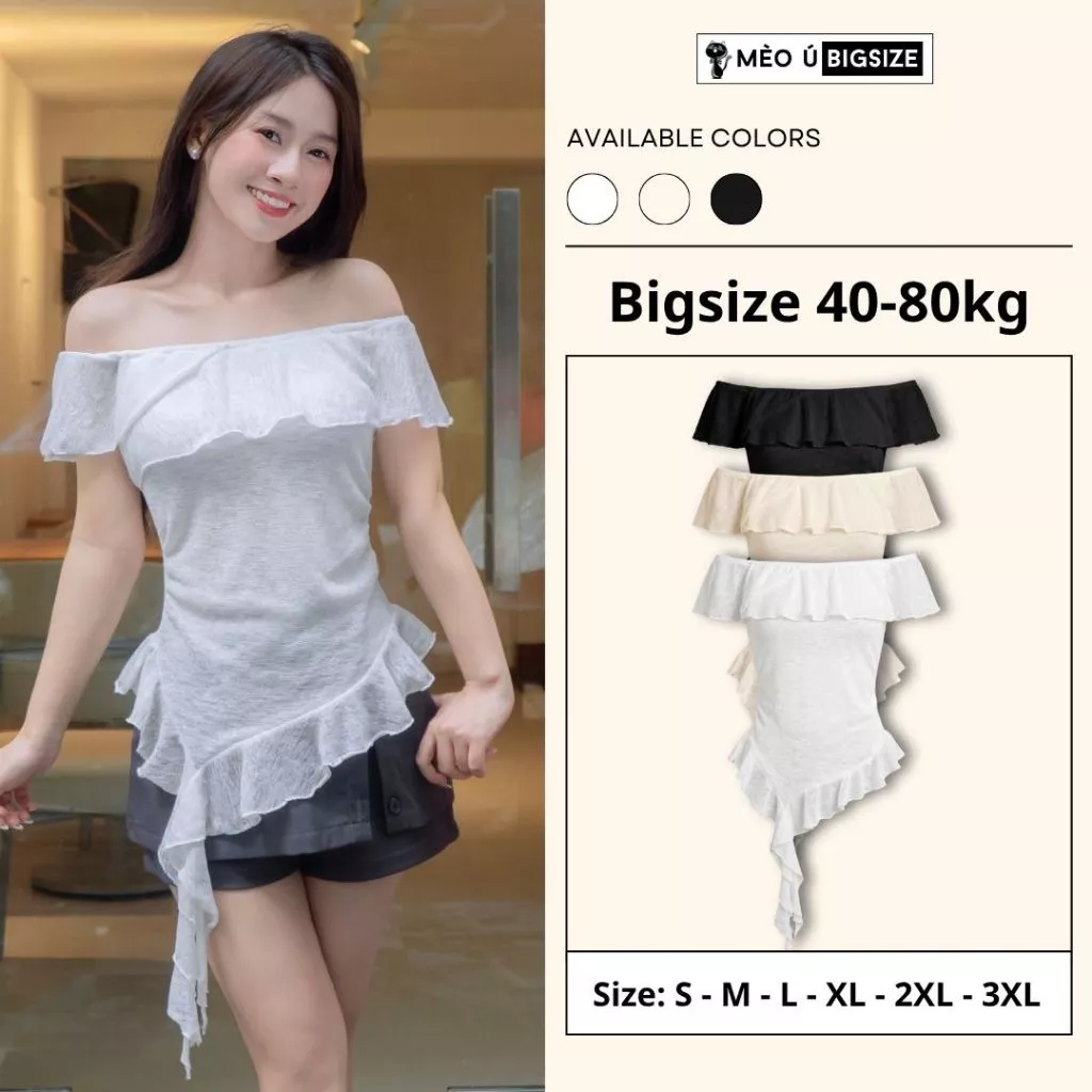Áo thun nữ BIGSIZE Mèo Ú áo trễ vai phối bèo cộc tay nhún eo vạt bèo lệch tôn dáng phong cách Hàn Quốc 398