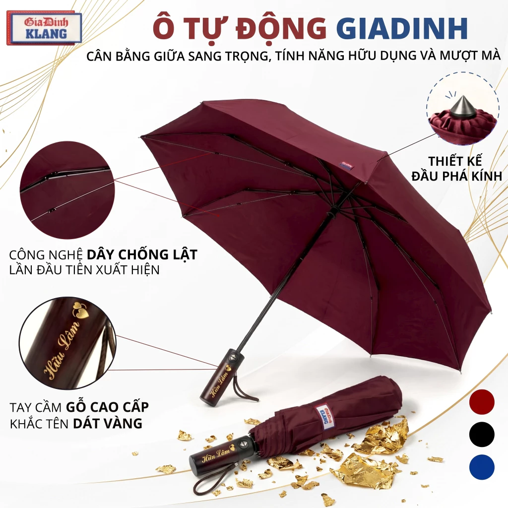 Ô Dù Tự Động Chống Lật GIADINH KLANG,Khắc Tên Dát Vàng Trên Cán, Chống UV, Chống Thấm Cao Cấp