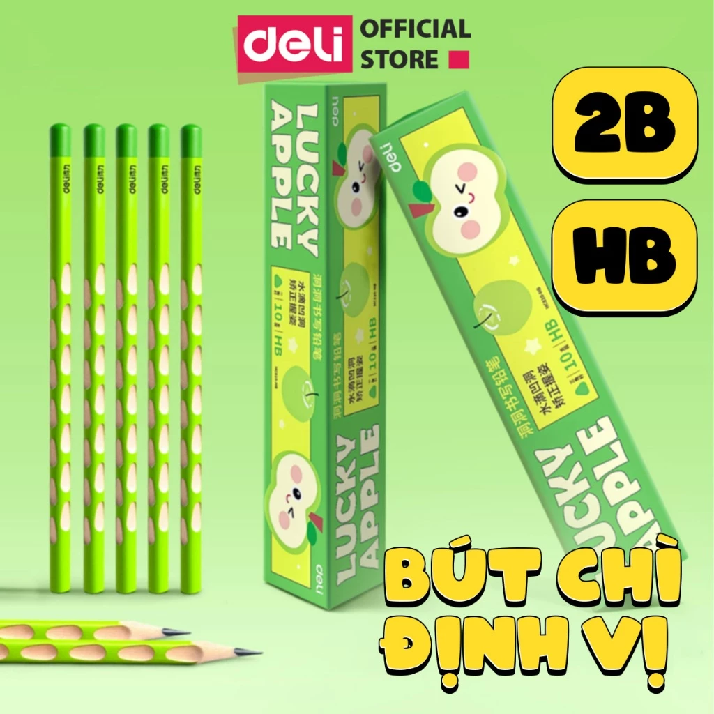 [🔥BÉ TẬP VIẾT] Hộp 10 Bút Chì Gỗ Định Vị Tay Cầm Cho Bé Deli HB/2B Thân Tam Giác Hỗ Trợ Bé Luyện Chữ Cầm Bút Chuẩn
