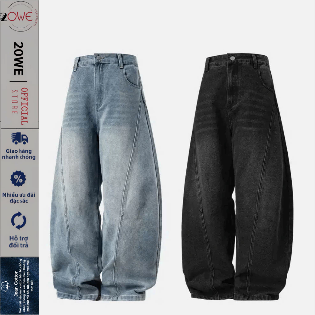 Quần jeans ống cong 20WE nam nữ form rộng màu xanh đen wash Smoke V1 new phong cách đường phố