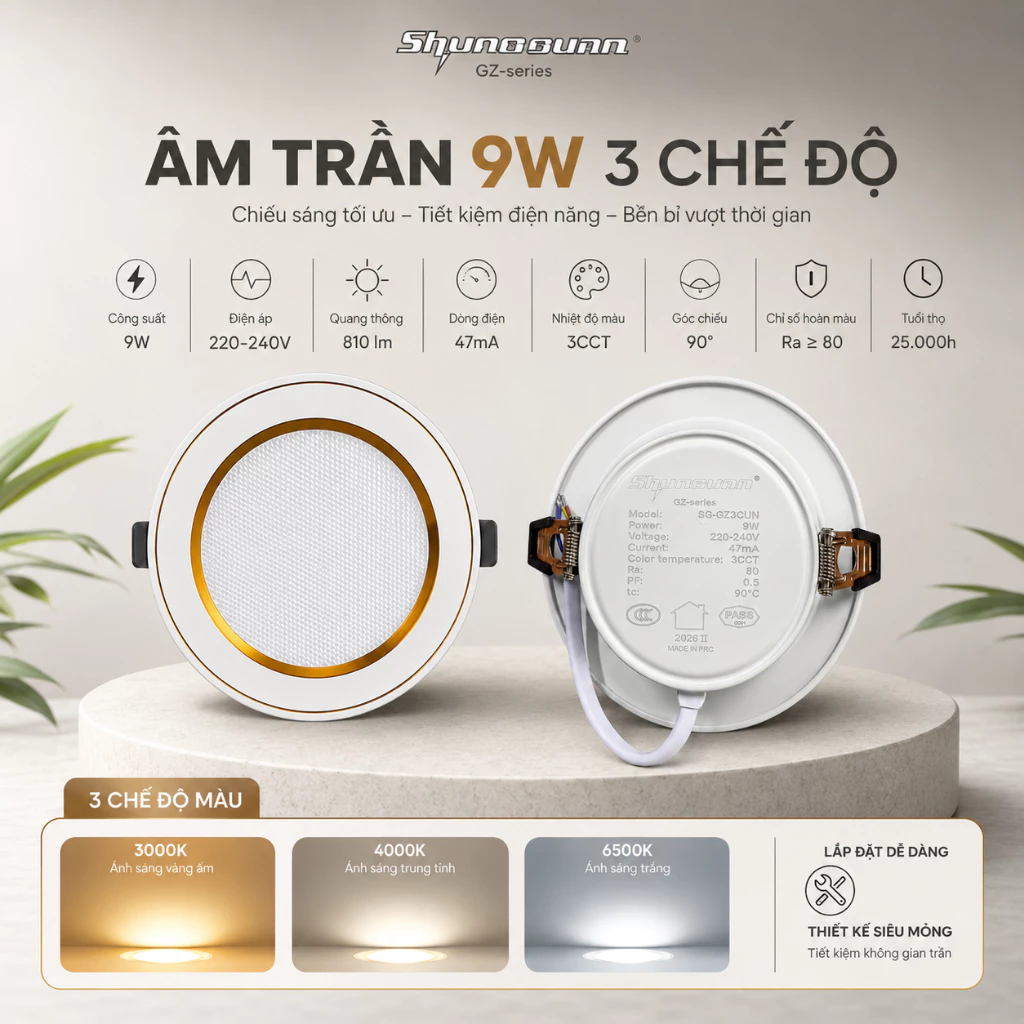 Đèn led âm trần đế đúc siêu mỏng 3 chế độ màu sáng, đèn âm trần downlight chống chói 9w phi 90 viền bạc, vàng đồng trọng