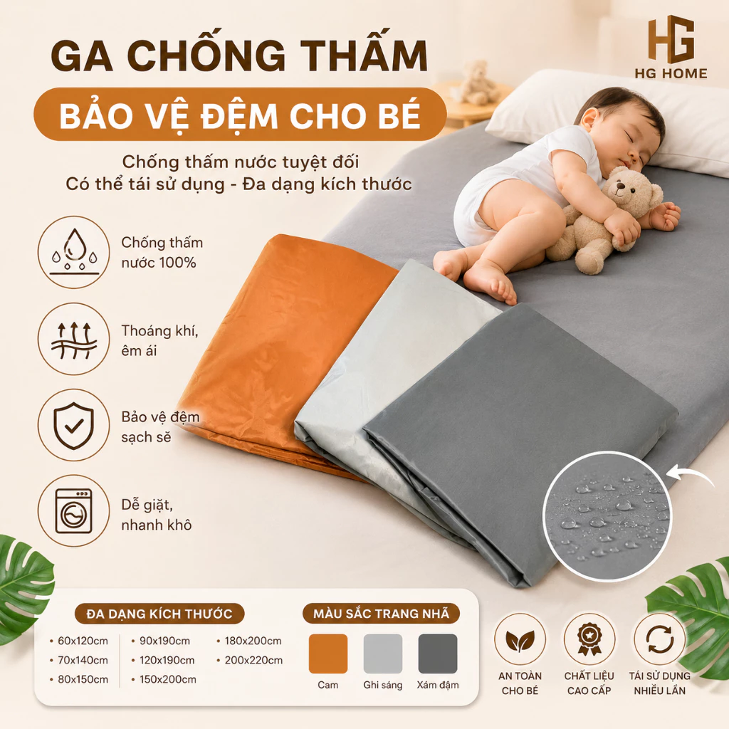 Ga Chống Thấm Bảo Vệ Đệm Cho Bé, Chống Thấm Nước Tuyệt Đối, Có Thể Tái Sử Dụng Đa Dạng Kích Thước