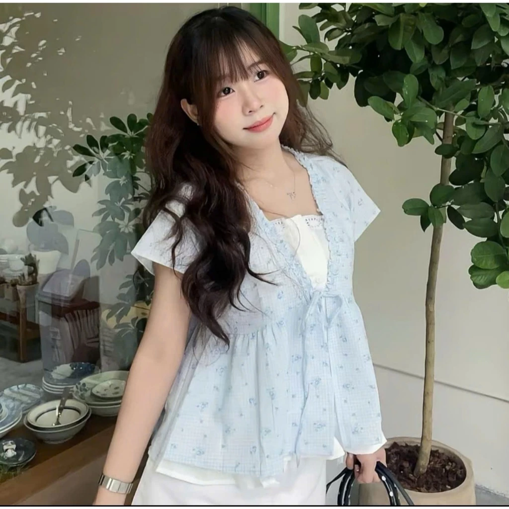 Áo babydoll kiểu ngắn tay cổ V may liền 1 lớp phối dây buộc nơ điệu đà dành cho nữ