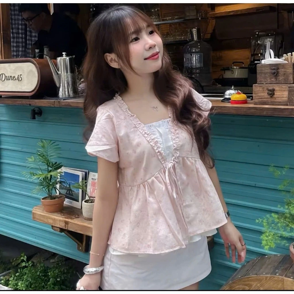 Áo babydoll kiểu ngắn tay cổ V may liền 1 lớp phối dây buộc nơ dễ mặc dành cho nữ