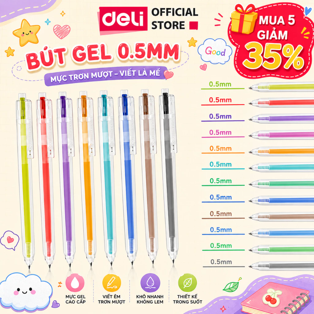 [🔥SỐC 1K] Bút Gel Bấm Nhiều Màu 0.5mm DELI - Bút bi nước, Nhanh khô, Viết trơn tru chất lượng cao