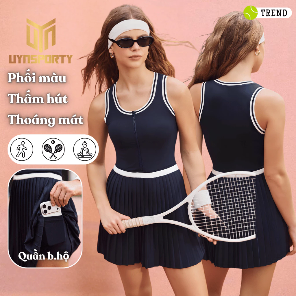 Váy Pickleball Nữ UYNSPORTY Kẻ Sọc Phối Màu Xếp Ly, Thoáng Mát Kèm Quần Bảo Hộ Bộ Đồ Pickleball Nữ