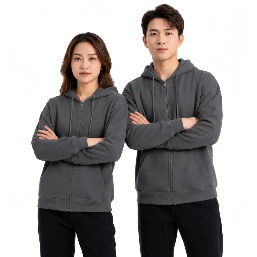 Áo Khoác Hoodie Zip Unisex Xám Chì Tay Phồng Nón 2 Lớp Khóa Kéo Vải Nỉ Bông Chống Nắng - FAGU