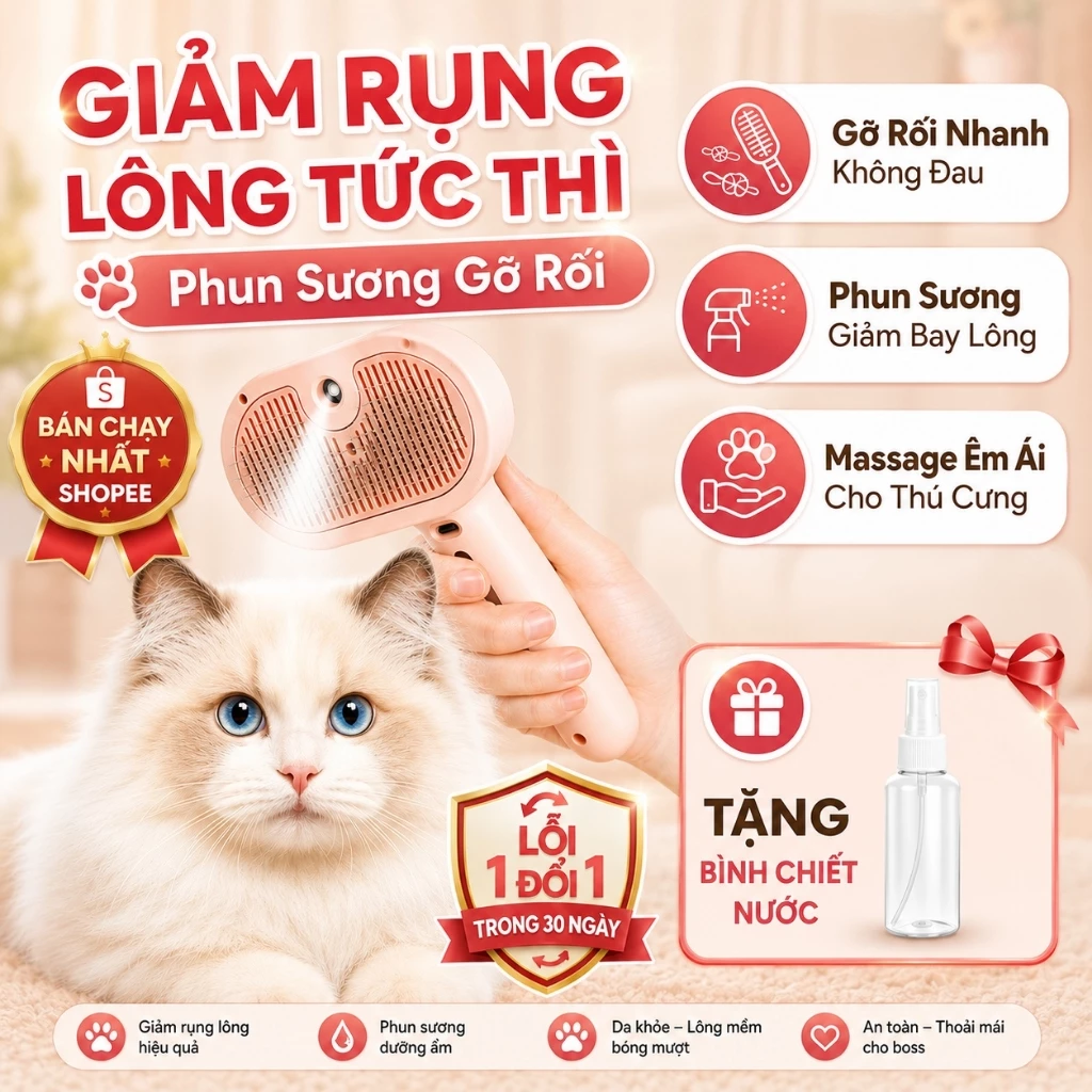 Lược Chải Lông Chó Mèo Kizu K125, Phun Sương Gỡ Rối Gom Lông Rụng Massage Thú Cưng Tại Nhà