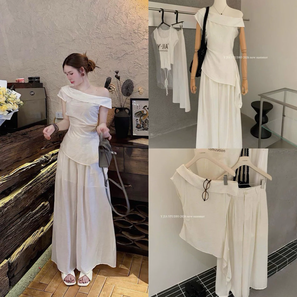 Set Đũi Dài YJIA Áo Lệch Vai Tà Dài Phối Quần Đũi Ống Rộng Tone Trắng (Hàng Quảng Châu Loại 1)