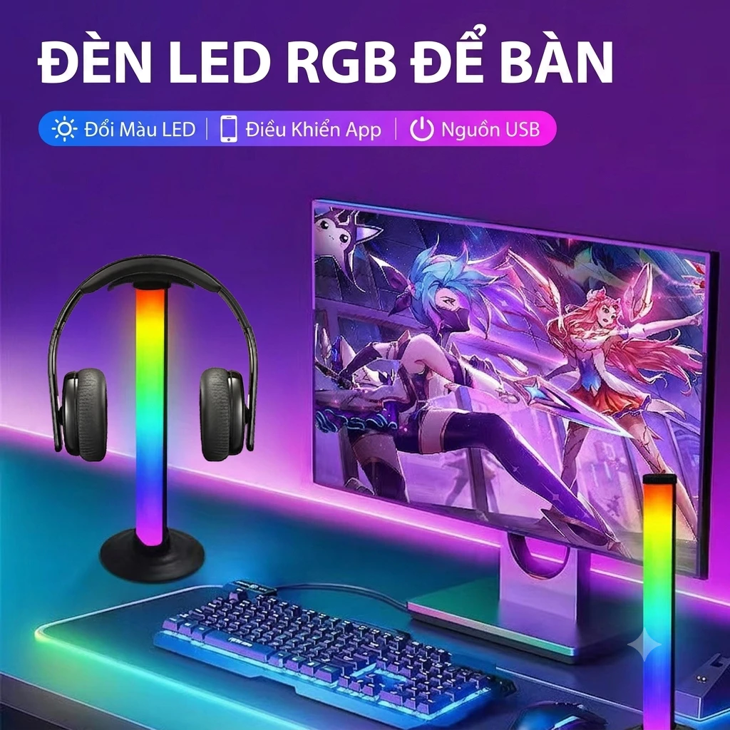 Giá Treo Tai Nghe LED RGB Để Bàn Remote Tùy Chỉnh 13 Chế Độ Màu, Đèn Led Decor Góc PC Gaming