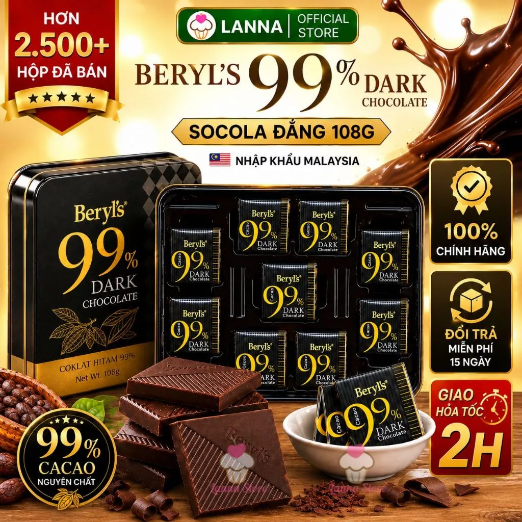 【CHÍNH HÃNG + 8 Vị 】 Sô cô la đắng Dark Chocolate Beryl's hộp 108gr (80% & 99% Cacao) Malaysia