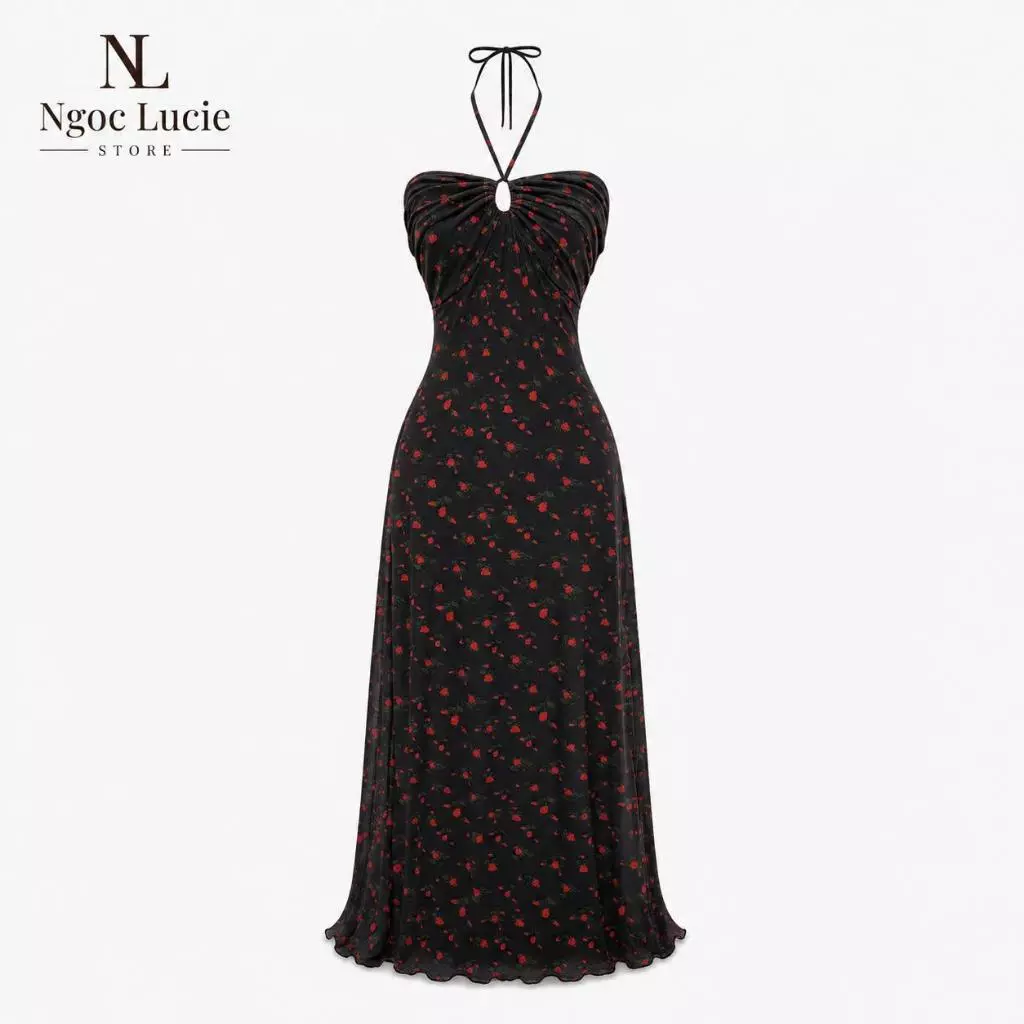 D1097 - Đầm Cổ Yếm Buộc Cổ Nhún Ngực Thun Lưới Họa Tiết Dáng Maxi Gợi Cảm Ngọc Lucie