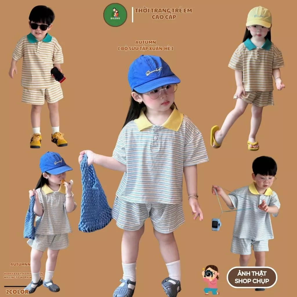 Bộ quần áo polo bé trai cổ bẻ kẻ ngang phối cổ xanh – Bộ thun cotton mềm mát cho bé mặc hè từ 1-7 tuổi