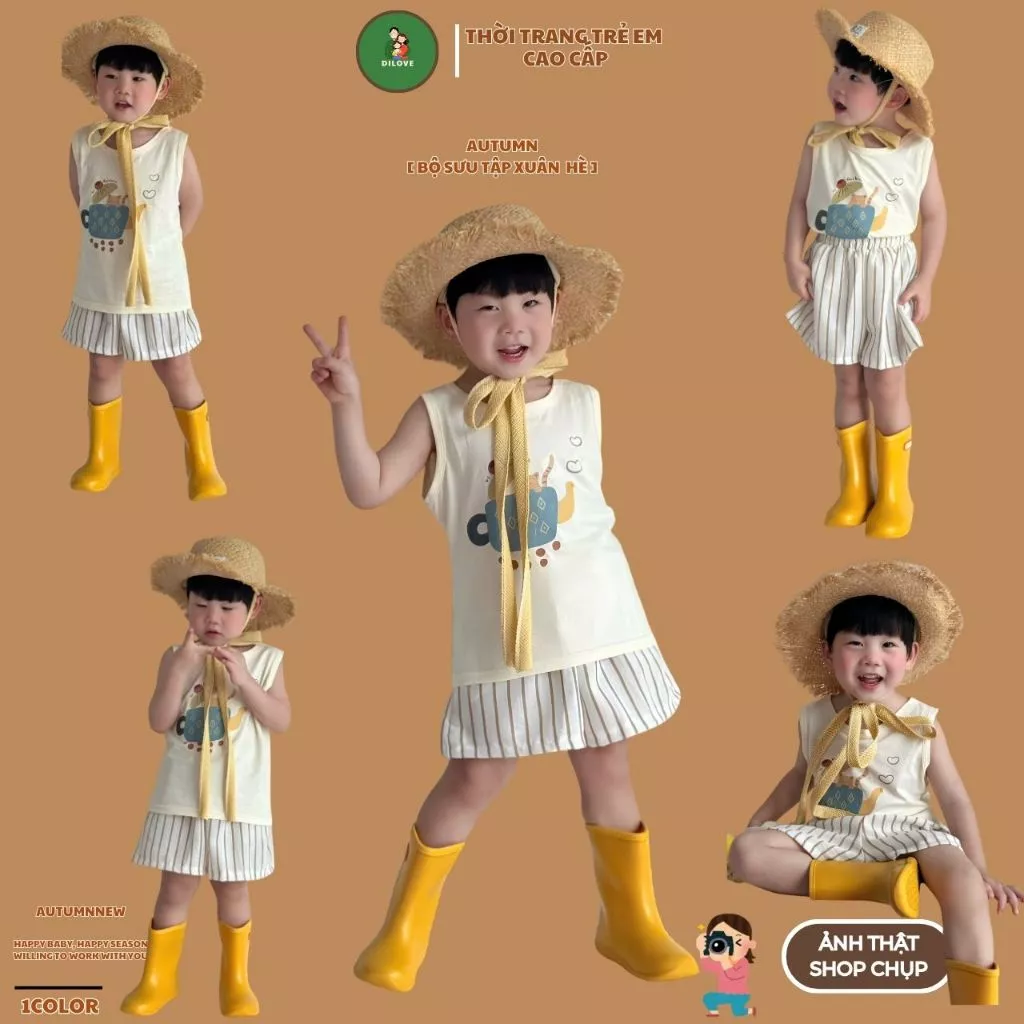 Bộ quần áo ba lỗ Dilove sát nách cho bé trai chất liệu cotton co dãn thoáng mát cho mùa hè được in hình hoạt hình - Mèo