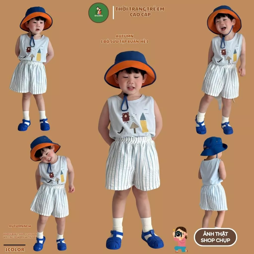 Bộ quần áo ba lỗ Dilove sát nách cho bé trai chất liệu cotton co dãn thoáng mát cho mùa hè được in hình hoạt hình - Gấu