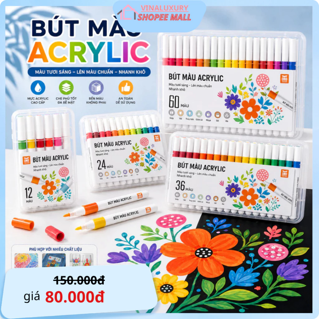 Hộp Bút Màu 48-60-150 Chi Tiết - Màu Vẽ Sơn Chống Nước Bộ Cọ Vẽ Trên Mọi Chất Liệu Bề Mặt