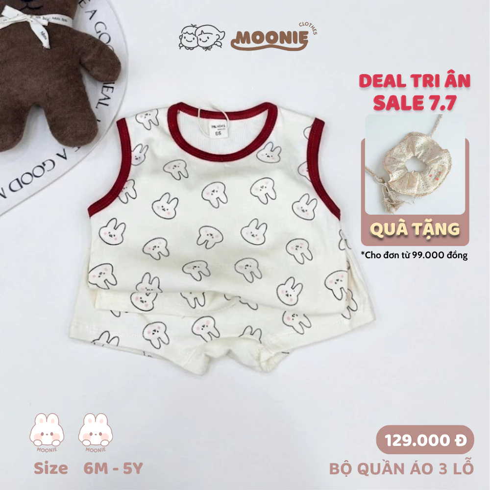 Set Sát Nách Moonie Cho Bé Trai Bé Gái Chất Cotton Co Giãn 4 Chiều Đồ Bộ Mặc Nhà Bộ ba Lỗ 6-16 kg