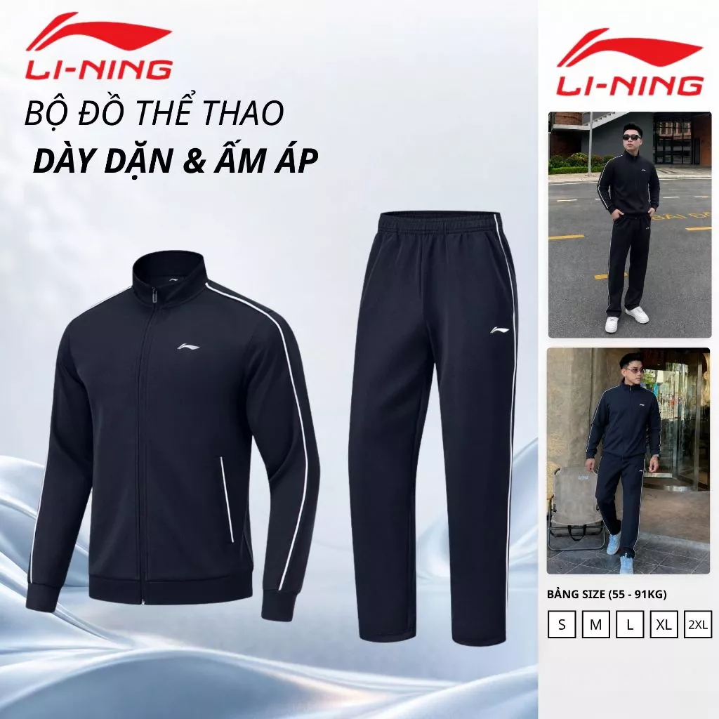 Bộ quần áo nam nỉ trơn Li-Ning chính hãng vải thể thao dày dặn co giãn nhẹ, mềm mịn [55-91kg]