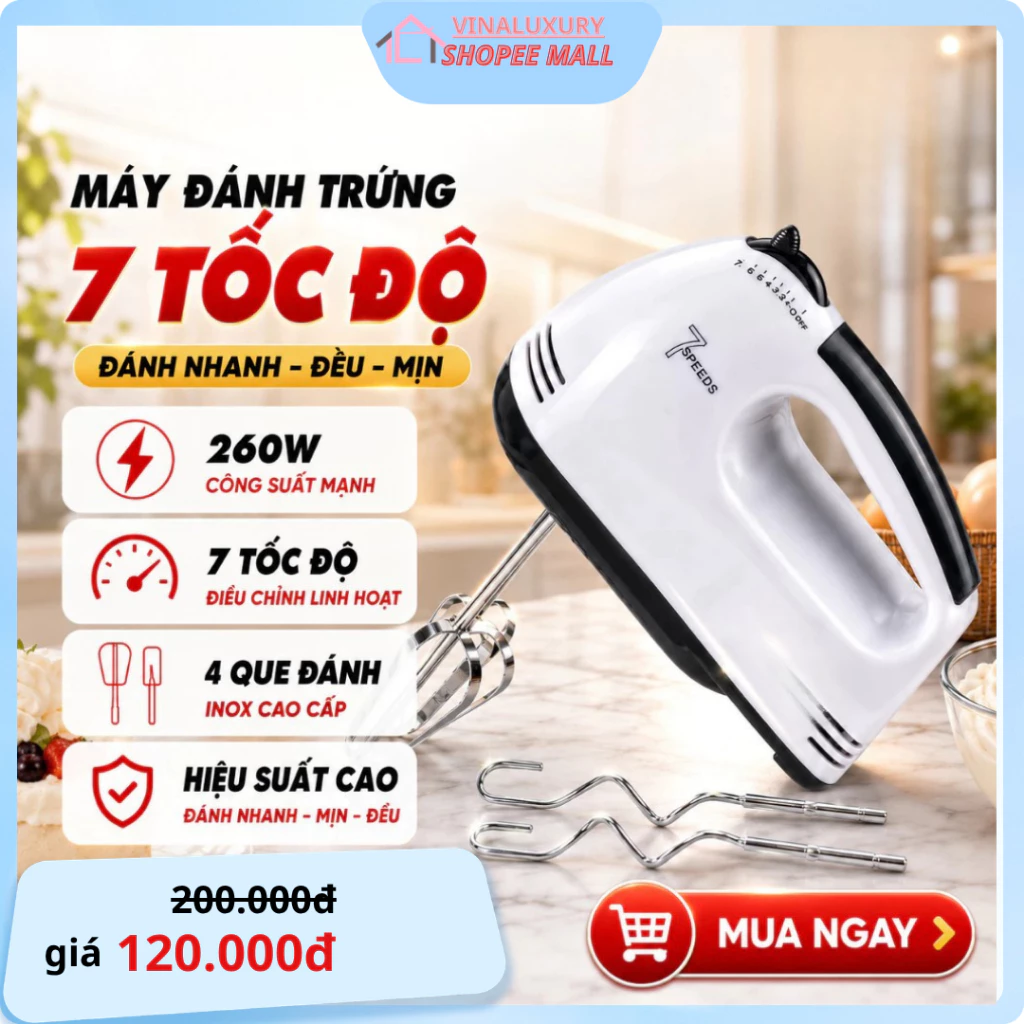 Máy Đánh Trứng Cầm Tay 7 Tốc Độ Đa Năng Công Suất 180W Tiện Lợi Cho Việc Làm Bánh Gia Đình VINALUXURY